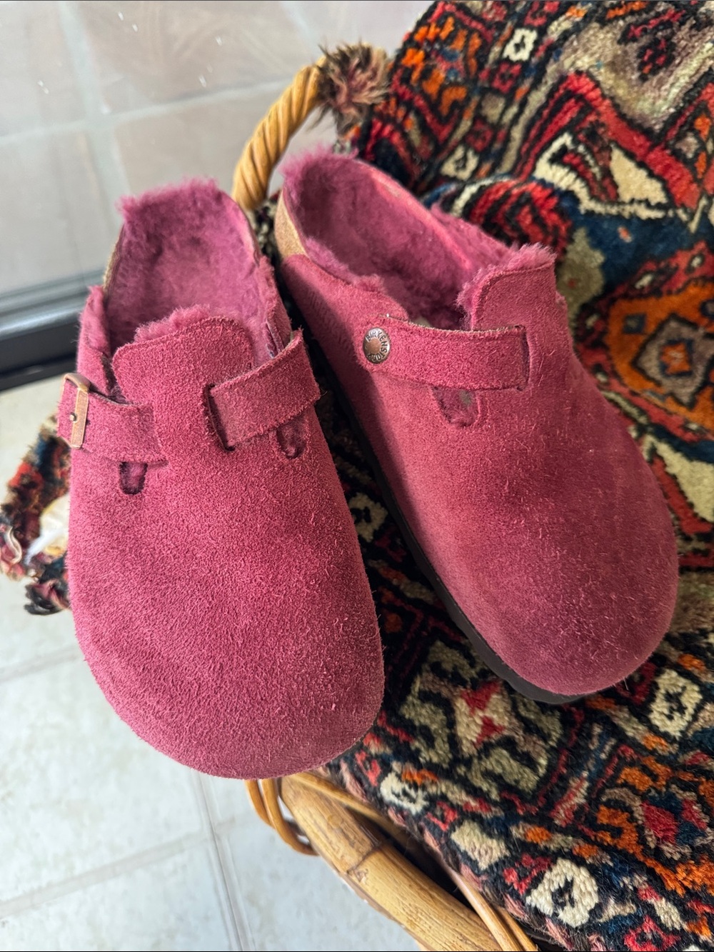 Burgundy wool lined Boston Birkenstocks 36